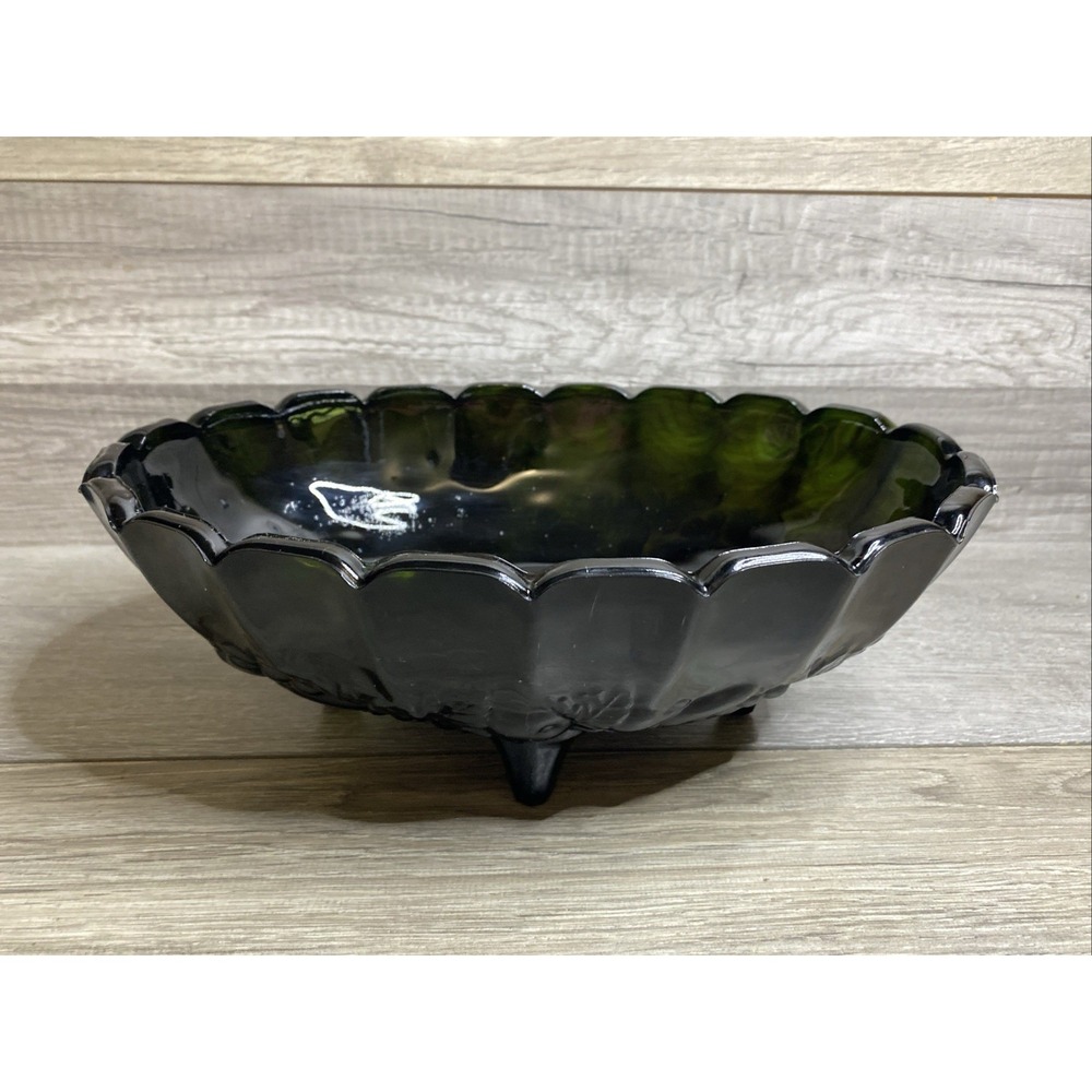 Vtg Indiana Glass Co Black Glass Bowl Fruit Pattern Approximately 12x8x4